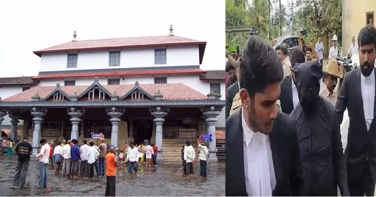 ധര്‍മ്മസ്ഥല മഞ്ജുനാഥക്ഷേത്രം (ഇടത്ത്) കര്‍ണ്ണാടകയിലെ ധര്‍മ്മസ്ഥലയില്‍ നൂറോളം ശവങ്ങള്‍ മറവു ചെയ്തിട്ടുണ്ടെന്നും പല പെണ്‍കുട്ടികളും ബലാത്സംഗം ചെയ്യപ്പെട്ടിരുന്നുവെന്നും വെളിപ്പെടുത്തിയ ശുചീകരണത്തൊഴിലാളിയെ മജിസ്ട്രേറ്റിന് മുന്‍പില്‍ മൊഴിനല്‍കാന്‍ യുവ അഭിഭാഷകര്‍ കൊണ്ടുപോകുന്നു (വലത്ത്)