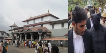 ധര്‍മ്മസ്ഥലയിലെ മഞ്ജുനാഥ ക്ഷേത്രം (ഇടത്ത്) ധര്‍മ്മസ്ഥലയില്‍ നൂറില്‍ പരം പേരുടെ ശവം മറവുചെയ്തിട്ടുണ്ടെന്ന് വെളിപ്പെടുത്തിയ ശുചീകരണത്തൊഴിലാളിയെ ജുഡീഷ്യല്‍ മജിസ്ട്രേറ്റിന് മുന്‍പില്‍ ഹാജരാക്കാന്‍ കൊണ്ടുപോകുന്നു (വലത്ത്)