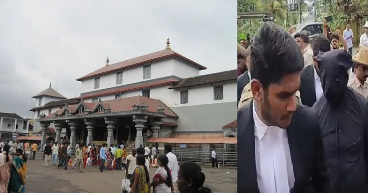 ധര്‍മ്മസ്ഥലയിലെ മഞ്ജുനാഥ ക്ഷേത്രം (ഇടത്ത്) ധര്‍മ്മസ്ഥലയില്‍ നൂറില്‍ പരം പേരുടെ ശവം മറവുചെയ്തിട്ടുണ്ടെന്ന് വെളിപ്പെടുത്തിയ ശുചീകരണത്തൊഴിലാളിയെ ജുഡീഷ്യല്‍ മജിസ്ട്രേറ്റിന് മുന്‍പില്‍ ഹാജരാക്കാന്‍ കൊണ്ടുപോകുന്നു (വലത്ത്)