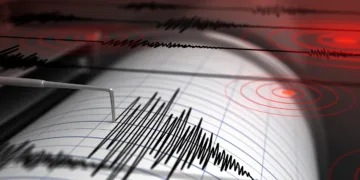 Seismograph with paper in action and earthquake - 3D Rendering
