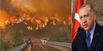 തുര്‍ക്കിയില്‍ പടര്‍ന്നു പിടിക്കുന്ന കാട്ടുതീ (ഇടത്ത്) എര്‍ദോഗാന്‍ (വലത്ത്)