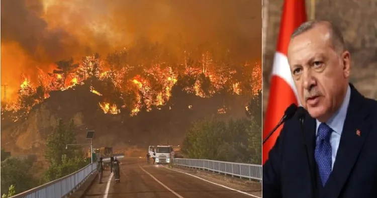 തുര്‍ക്കിയില്‍ പടര്‍ന്നു പിടിക്കുന്ന കാട്ടുതീ (ഇടത്ത്) എര്‍ദോഗാന്‍ (വലത്ത്)