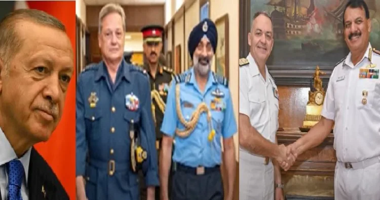 തുര്‍ക്കി പ്രസിഡന്‍റ് എര്‍ദോഗാന്‍ (ഇടത്ത്) ഇന്ത്യയുടെ വ്യോമ, നാവിക മേധാവികള്‍ ഗ്രീസ് സന്ദര്‍ശിച്ചപ്പോള്‍ (വലത്ത്)
