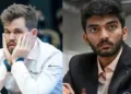 മാഗ്നസ് കാള്‍സന്‍ (ഇടത്ത്) ഗുകേഷ് (വലത്ത്)
