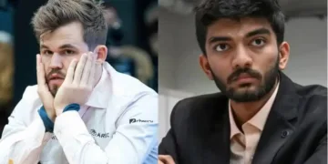 മാഗ്നസ് കാള്‍സന്‍ (ഇടത്ത്) ഗുകേഷ് (വലത്ത്)