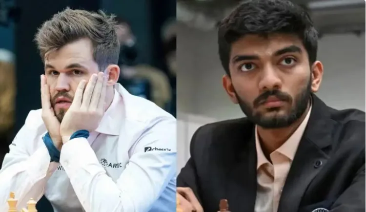 മാഗ്നസ് കാള്‍സന്‍ (ഇടത്ത്) ഗുകേഷ് (വലത്ത്)