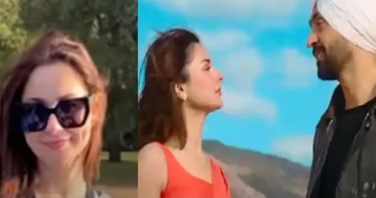 പാക് നടി ഹാനിയ അമീര്‍ (ഇടത്ത്) ദില്‍ജിത് ദോസാഞ്ചും ഹാനിയ അമീറും സര്‍ദാര്‍ജി 3 എന്ന സിനിമയില്‍ നിന്നും (വലത്ത്)
