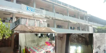 1. മെന്‍സ് ഹോസ്റ്റല്‍ കെട്ടിടം, 2.വിദ്യാര്‍ത്ഥികള്‍ കിടക്കുന്ന മുറിയുടെ ഭിത്തി നനഞ്ഞു കുതിര്‍ന്ന നിലയില്‍, 3. ശുചിമുറിയുടെ ഭിത്തി നനഞ്ഞു കുതിര്‍ന്ന നിലയില്‍, 4. മേല്‍ത്തട്ട് വിണ്ടുകീറി 
പൊട്ടിയ നിലയില്‍
