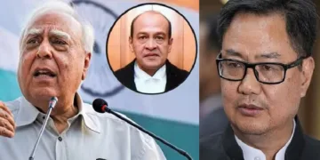 കപില്‍ സിബല്‍-ഇന്‍സെറ്റില്‍ ജസ്റ്റിസ് യശ്വന്ത് വര്‍മ്മ (ഇടത്ത്) കേന്ദ്രമന്ത്രി കിരണ്‍ റിജിജു (വലത്ത്)