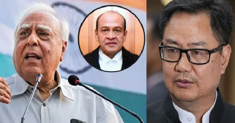 കപില്‍ സിബല്‍-ഇന്‍സെറ്റില്‍ ജസ്റ്റിസ് യശ്വന്ത് വര്‍മ്മ (ഇടത്ത്) കേന്ദ്രമന്ത്രി കിരണ്‍ റിജിജു (വലത്ത്)