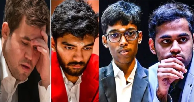 മാഗ്നസ് കാള്‍സന്‍ (ഇടത്ത്)ഗുകേഷ് ഡി, ആര്‍. പ്രജ്ഞാനന്ദ, അര്‍ജുന്‍ എരിഗെയ്സി (രണ്ടു മുതല്‍ നാല് വരെ ഇടത്ത് നിന്നും വലത്തോട്ട്)