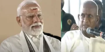 ഇളയരാജയുടെ സംഗീതാര്‍ച്ചന ആസ്വദിച്ച് അതില്‍ ലയിച്ച് സന്തോഷിച്ചിരിക്കുന്ന മോദി (ഇടത്ത്) 82 വയസ്സിന്‍റെ അവശതകള്‍ മറന്ന് ഇളയരാജ പാടുന്നു (വലത്ത്)