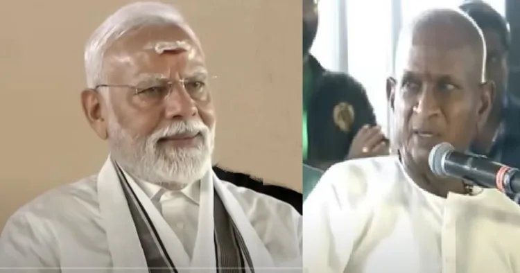 ഇളയരാജയുടെ സംഗീതാര്‍ച്ചന ആസ്വദിച്ച് അതില്‍ ലയിച്ച് സന്തോഷിച്ചിരിക്കുന്ന മോദി (ഇടത്ത്) 82 വയസ്സിന്‍റെ അവശതകള്‍ മറന്ന് ഇളയരാജ പാടുന്നു (വലത്ത്)