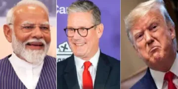 ബ്രിട്ടീഷ് പ്രധാനമന്ത്രി കെയ്ര്‍ സ്റ്റാമര്‍ (നടുവില്‍) ട്രംപ് (വലത്ത്)