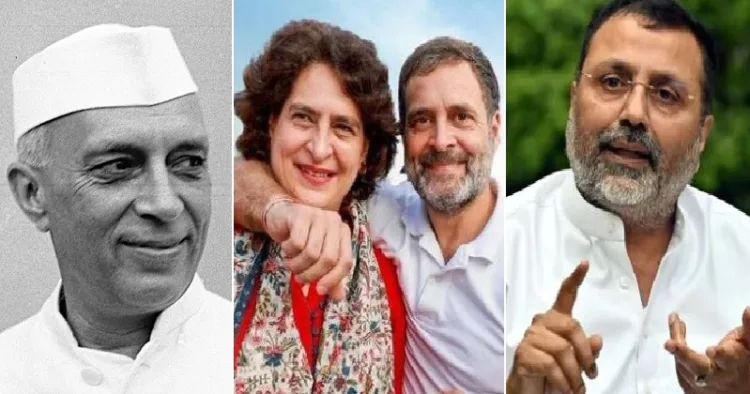 ജവഹര്‍ലാല്‍ നെഹ്രു (ഇടത്ത്) പ്രിയങ്ക, രാഹുല്‍ (നടുവില്‍) ബിജെപി എംപി നിഷികാന്ത് ദുബെ (വലത്ത്)