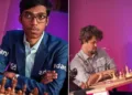 പ്രജ്ഞാനന്ദ (ഇടത്ത്) മാഗ്നസ് കാള്‍സനും ഗുകേഷ് ബ്ലിറ്റ്സ് ചെസില്‍ മത്സരിക്കുന്നു (വലത്ത്)