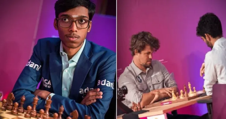 പ്രജ്ഞാനന്ദ (ഇടത്ത്) മാഗ്നസ് കാള്‍സനും ഗുകേഷ് ബ്ലിറ്റ്സ് ചെസില്‍ മത്സരിക്കുന്നു (വലത്ത്)