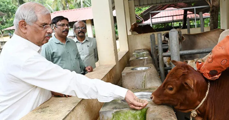 രാജ്ഭവനിലെ കാലിത്തൊഴുത്തില്‍ പശുവിന് ആഹാരം നല്‍കുന്ന ഗവര്‍ണര്‍
