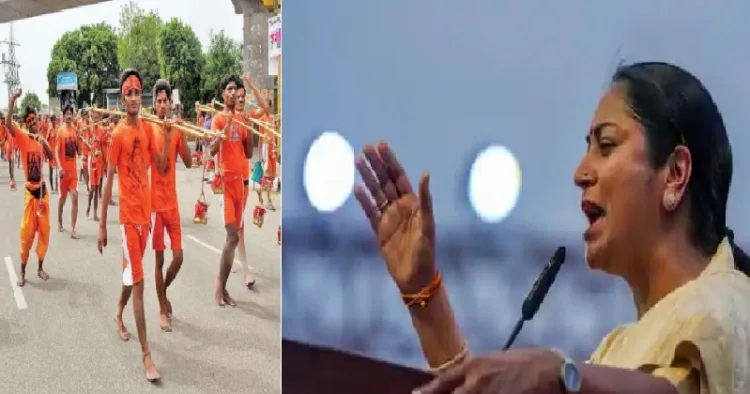 ശിവഭക്തരായ കന്‍വാരിയകള്‍ ഗംഗാജലം ശേഖരിക്കാന്‍ പാത്രം തോളിലേന്തി നടന്നു പോകുന്നു (ഇടത്ത്) ദല്‍ഹി മുഖ്യമന്ത്രി രേഖാ ഗുപ്ത (വലത്ത്)