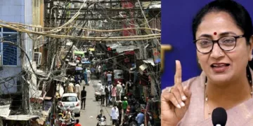 ദല്‍ഹി മുഖ്യമന്ത്രി രേഖാ ഗുപ്ത (വലത്ത്) തലയ്ക്കുമുകളില്‍ നൂറായിരം വയറുകള്‍ തൂങ്ങുന്ന ദല്‍ഹി റോഡ് (ഇടത്ത്)