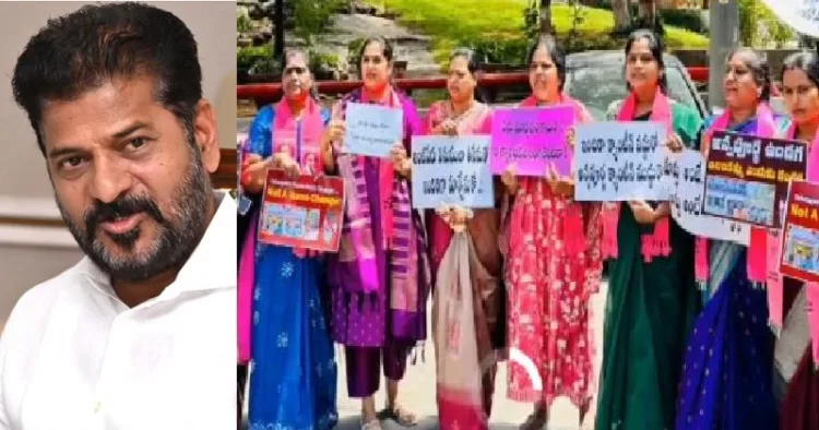 രേവന്ത് റെഡ്ഡി (ഇടത്ത്) അന്നപൂര്‍ണ്ണ കാന്‍റീനിനെ പേര് ഇന്ദിരാഗാന്ധി കാന്‍റീന്‍ എന്നാക്കി മാറ്റിയതില്‍ പ്രതിഷേധിച്ച മുനിസിപ്പല്‍ കോര്‍പറേഷന്‍ അംഗങ്ങളായ സ്ത്രീകള്‍ (വലത്ത്)