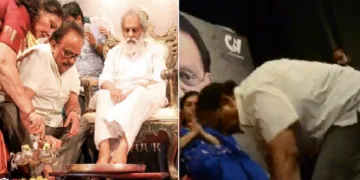 ഗുരുവിന് പാദപൂജ ചെയ്യുന്ന എസ്.പി; യേശുദാസിന്‍റെ പാദം കഴുകുന്ന എസ്.പി. ബാലസുബ്രഹ്മണ്യം (ഇടത്ത്) യേശുദാസിന്‍റെ പാദങ്ങളില്‍ നമസ്കരിക്കുന്ന എസ് പി (വലത്ത്)