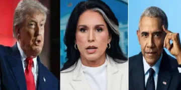 ട്രംപ് (ഇടത്ത്) തുള്‍സി ഗബ്ബാര്‍ഡ് (നടുവില്‍) ബരാക് ഹുസൈന്‍ ഒബാമ (വലത്ത്)