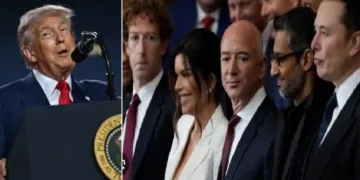 ‍ഡൊണാള്‍ഡ് ട്രംപ് (ഇടത്ത്) ടെക് ലീഡര്‍മാരായ മാര്‍ക്ക് സക്കര്‍ബര്‍ഗ് (ഫെയ്സ് ബുക്ക് ഉടമ), ജെഫ് ബെസോസ് (ആമസോണ്‍ ഉടമ) സുന്ദര്‍ പിച്ചൈ (ഗൂഗിള്‍ മാതൃകമ്പനിയായ ആല്‍ഫബെറ്റ് സിഇഒ) ഇലോണ്‍ മസ്ക് (സ്പേസ് എക്സ്, ടെസ് ല ഇലക്ട്രിക് കാര്‍ ഉടമ) തുടങ്ങിയവര്‍ ഒരു ചര്‍ച്ചായോഗത്തില്‍ (വലത്ത്)