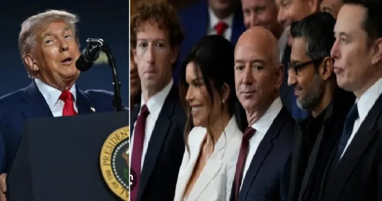 ‍ഡൊണാള്‍ഡ് ട്രംപ് (ഇടത്ത്) ടെക് ലീഡര്‍മാരായ മാര്‍ക്ക് സക്കര്‍ബര്‍ഗ് (ഫെയ്സ് ബുക്ക് ഉടമ), ജെഫ് ബെസോസ് (ആമസോണ്‍ ഉടമ) സുന്ദര്‍ പിച്ചൈ (ഗൂഗിള്‍ മാതൃകമ്പനിയായ ആല്‍ഫബെറ്റ് സിഇഒ) ഇലോണ്‍ മസ്ക് (സ്പേസ് എക്സ്, ടെസ് ല ഇലക്ട്രിക് കാര്‍ ഉടമ) തുടങ്ങിയവര്‍ ഒരു ചര്‍ച്ചായോഗത്തില്‍ (വലത്ത്)