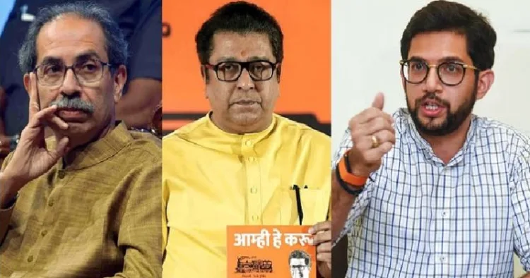 ഉദ്ധവ് താക്കറെ (ഇടത്ത്) രാജ് താക്കറെ (നടുവില്‍) ഉദ്ധവ് താക്കറെയുടെ മകന്‍ ആദിത്യ താക്കറെ (വലത്ത്)