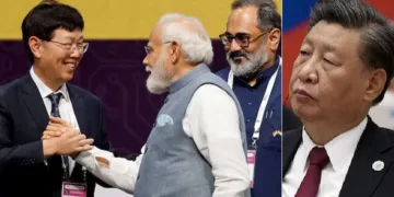 പ്രധാനമന്ത്രി മോദി തായ് വാന്‍ കമ്പനിയായ ഫോക്സ് കോണ്‍ ചെയര്‍മാനോടൊപ്പം (ഇടത്ത്) ചൈനീസ് പ്രസിഡന്‍റ് ഷീ ജിന്‍പിങ്ങ് (വലത്ത്)