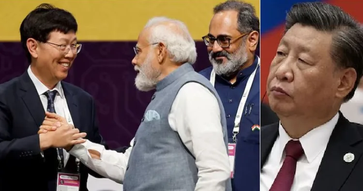 പ്രധാനമന്ത്രി മോദി തായ് വാന്‍ കമ്പനിയായ ഫോക്സ് കോണ്‍ ചെയര്‍മാനോടൊപ്പം (ഇടത്ത്) ചൈനീസ് പ്രസിഡന്‍റ് ഷീ ജിന്‍പിങ്ങ് (വലത്ത്)