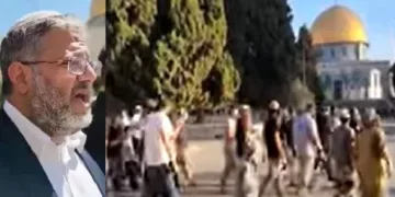 ഇസ്രയേല്‍ മന്ത്രി ഇറ്റാമര്‍ ബെന്‍ഗ്വിന്‍ അല്‍ അഖ് സ പള്ളിയിലേക്ക് പ്രാര്‍ത്ഥനയ്ക്കായി പോകുന്നു (ഇടത്ത്) ആയിരത്തോളം ജൂതന്മാര്‍ അല്‍ അഖ് സ പള്ളിയില്‍ പ്രാര്‍ത്ഥിക്കാന്‍ പോകുന്നു (വലത്ത്)