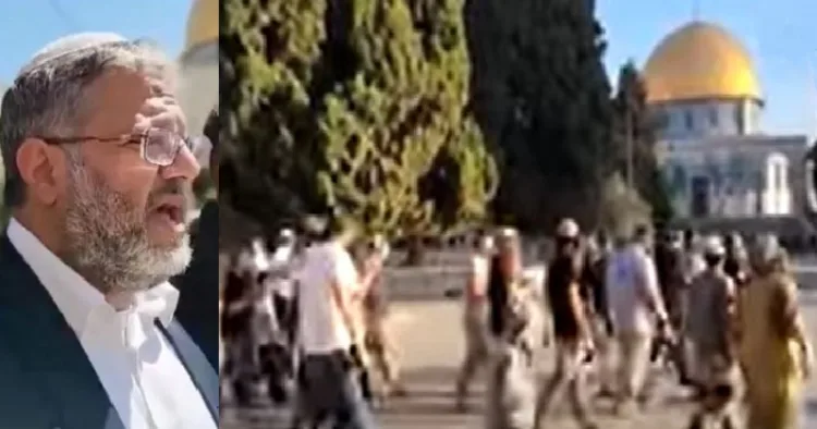 ഇസ്രയേല്‍ മന്ത്രി ഇറ്റാമര്‍ ബെന്‍ഗ്വിന്‍ അല്‍ അഖ് സ പള്ളിയിലേക്ക് പ്രാര്‍ത്ഥനയ്ക്കായി പോകുന്നു (ഇടത്ത്) ആയിരത്തോളം ജൂതന്മാര്‍ അല്‍ അഖ് സ പള്ളിയില്‍ പ്രാര്‍ത്ഥിക്കാന്‍ പോകുന്നു (വലത്ത്)