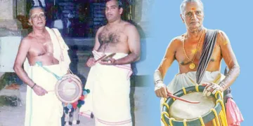 സോപാനസംഗീതത്തിനിടെ ആലിപ്പറമ്പ് ശിവരാമപ്പൊതുവാളിനൊപ്പം മട്ടന്നൂര്‍ ശങ്കരന്‍കുട്ടിമാരാര്‍