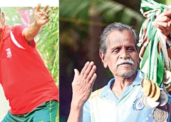 1. അശോകന്‍ ഷോട്പുട് പരിശീലനത്തിനിടെ, 2. തനിക്ക് ലഭിച്ച മെഡലുകളുമായി അശോകന്‍ കുന്നുങ്ങല്‍