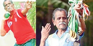 1. അശോകന്‍ ഷോട്പുട് പരിശീലനത്തിനിടെ, 2. തനിക്ക് ലഭിച്ച മെഡലുകളുമായി അശോകന്‍ കുന്നുങ്ങല്‍