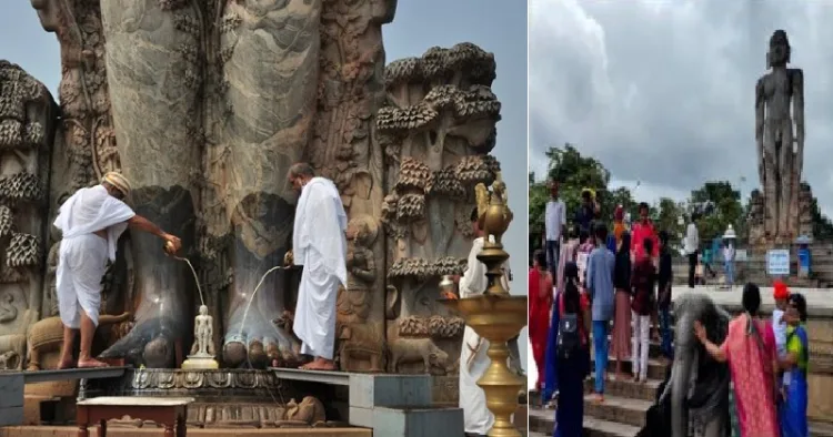 ധര്‍മ്മസ്ഥലയില്‍ ഒറ്റക്കല്ലില്‍ തീര്‍ത്ത ബാഹുബലി പ്രതിമ. ദിവസേന 50000 പേര്‍ക്ക് വരെ അന്നദാനം നല്‍കുന്നതാണ് ഈ ക്ഷേത്രം