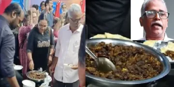 കാനറാ ബാങ്കില്‍ നടന്ന ബീഫ് ഫെസ്റ്റ് (ഇടത്ത്) ബെഫി നേതാവ് അനില്‍ (വലത്ത് മുകളില്‍)