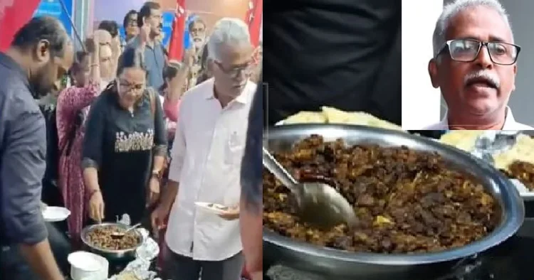 കാനറാ ബാങ്കില്‍ നടന്ന ബീഫ് ഫെസ്റ്റ് (ഇടത്ത്) ബെഫി നേതാവ് അനില്‍ (വലത്ത് മുകളില്‍)