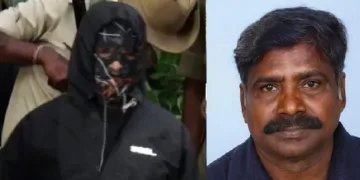 ധര്‍മ്മസ്ഥലയിലെ ശുചീകരണത്തൊഴിലാളിയായ മുഖംമൂടി മനുഷ്യന്‍ (ഇടത്ത്) മുഖം മൂടി നീക്കിയ ശേഷമുള്ള മുഖം (വലത്ത്)