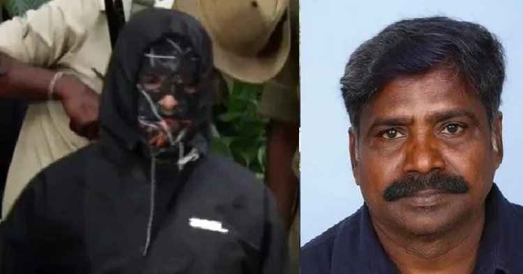 ധര്‍മ്മസ്ഥലയിലെ ശുചീകരണത്തൊഴിലാളിയായ മുഖംമൂടി മനുഷ്യന്‍ (ഇടത്ത്) മുഖം മൂടി നീക്കിയ ശേഷമുള്ള മുഖം (വലത്ത്)