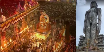 ധര്‍മ്മസ്ഥലക്ഷേത്രത്തിലെ ഉത്സവത്തിന്‍റെ ദൂരക്കാഴ്ച (ഇടത്ത്) ബാഹുബലി പ്രതിമ (വലത്ത്)