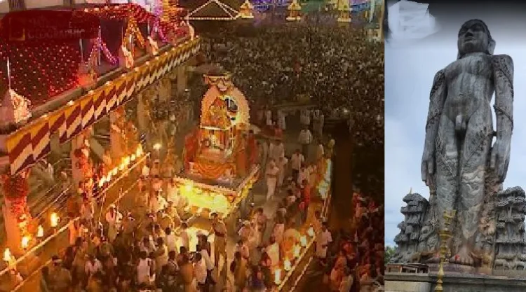 ധര്മ്മസ്ഥലക്ഷേത്രത്തിലെ ഉത്സവത്തിന്റെ ദൂരക്കാഴ്ച (ഇടത്ത്) ബാഹുബലി പ്രതിമ (വലത്ത്)