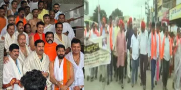 ബിജെപിഎംഎല്‍എമാര്‍ ധര്‍മ്മസ്ഥലയില്‍ (ഇടത്ത്) ദാവണ്‍ഗരെയില്‍ നടന്ന പ്രകടനം (വലത്ത്)