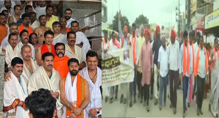 ബിജെപിഎംഎല്‍എമാര്‍ ധര്‍മ്മസ്ഥലയില്‍ (ഇടത്ത്) ദാവണ്‍ഗരെയില്‍ നടന്ന പ്രകടനം (വലത്ത്)