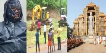 നൂറില്‍പ്പരം ബലാത്സംഗം ചെയ്യപ്പെട്ട പെണ്‍കുട്ടികളുടെ മൃതദേഹങ്ങള്‍ ധര്‍മ്മസ്ഥലയ്ക്ക് ചുറ്റും കുഴിച്ചിട്ടിട്ടുണ്ടെന്ന കള്ളക്കഥ പറഞ്ഞ ശുചീകരണത്തൊഴിലാളി (ഇടത്ത്) ജെസിബി ഉപയോഗിച്ച് മൃതദേഹങ്ങളുണ്ടോ എന്ന് ക്ഷേത്രപരിസരത്ത് കുഴിച്ചുനോക്കുന്നു (നടുവില്‍)ധര്‍മ്മസ്ഥലയിലെ ബാഹുബലി പ്രതിമ (വലത്ത്)