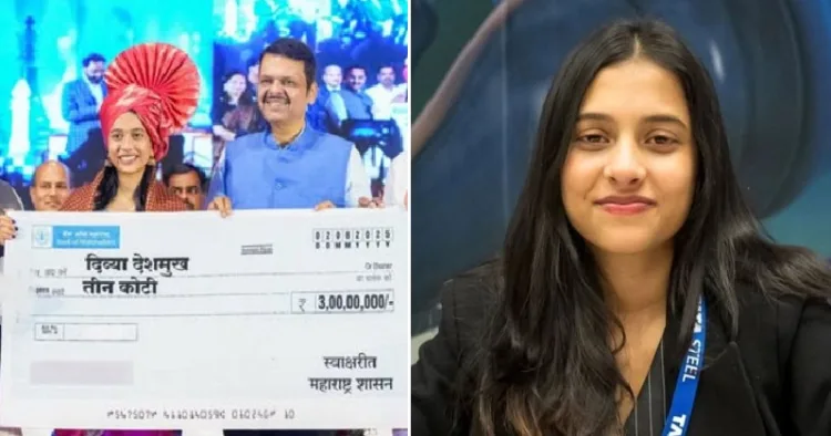 മഹാരാഷ്ട്ര മുഖ്യമന്ത്രി ദേവേന്ദ്ര ഫഡ് നാവിസ് ചെസ്സിലെ ഫിഡെ ലോക വനിതാകപ്പ് നേടിയ ദിവ്യ ദേശ്മുഖിന് മൂന്ന് കോടി രൂപയുടെ ചെക്ക് കൈമാറുന്നു (ഇടത്ത്)