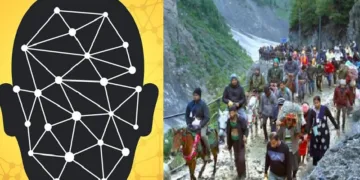 എഐ സഹായത്തോടെ മുഖം തിരിച്ചറിയുന്നു (ഇടത്ത്) അമര്‍നാഥിലേക്ക് തീര്‍ത്ഥയാത്ര നടത്തുന്ന ഹിന്ദു ഭക്തര്‍ (വലത്ത്)