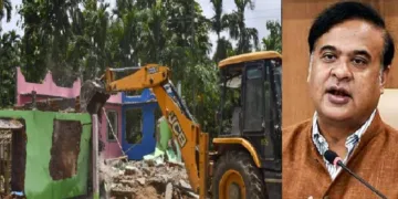 അസമില്‍ അനധികൃത ബംഗ്ലാദേശി മുസ്ലിം കുടുംബങ്ങളുടെ വീടുകള്‍ ബുള്‍ഡോസര്‍ ഉപയോഗിച്ച് പൊളിക്കുന്നു(ഇടത്ത്) അസം മുഖ്യമന്ത്രി ഹിമന്ത ബിശ്വ ശര്‍മ്മ (വലത്ത്)